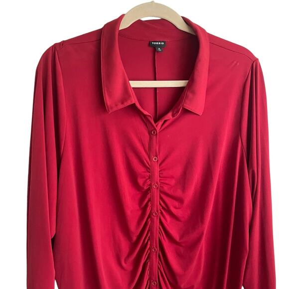 Torrid Women Tunic Top 6X Red Ruched Button Front Long Sleeve Workwear Office - Picture 5 of 11